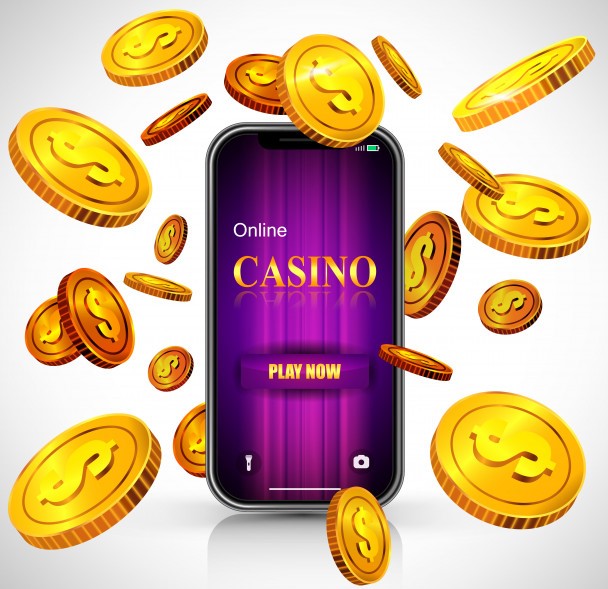 Online casino play now lettering on smartphone screen and flying golden coins