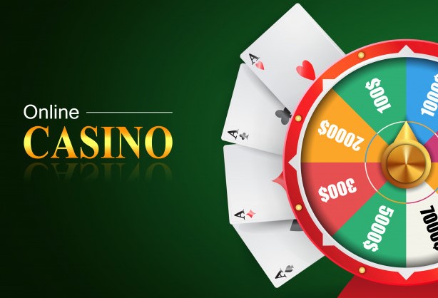 Online casino lettering, wheel of fortune with money prizes bets and four aces